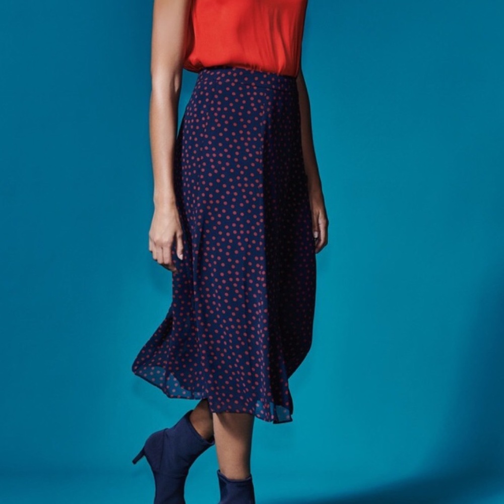 Boden Serena navy and red polka dot midi skirt